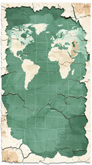 A map of the world is torn and tattered, with a green background. The map is divided into squares, and the continents are clearly visible. The map appears to be old and worn, with a sense of history