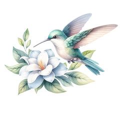 Hummingbird Fluttering by White Magnolia Illustration
