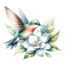 Hummingbird Fluttering by White Magnolia Illustration
