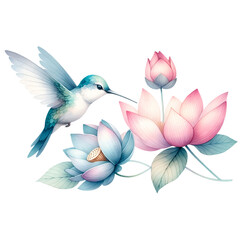 Hummingbird with Pink Lotus Flowers Digital Illustration
