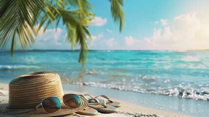 Straw hat with a exotic cocktail and sunglasses on sand beach