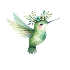 Hummingbird with Floral Crown Watercolor Illustration
