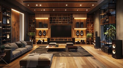 Audio technology showcase, highfidelity speakers and soundbars, modern electronics store , photographic style