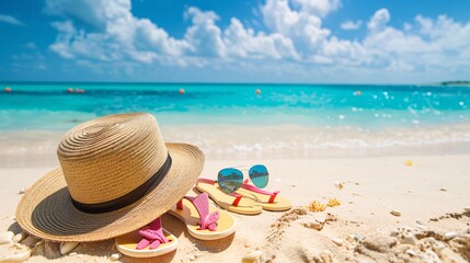 Straw hat with a exotic cocktail and sunglasses on sand beach