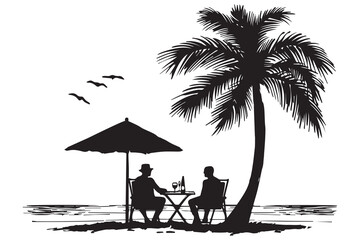 silhouette summer design palm tree Relaxing man front table and umbrella man beach vector