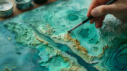 Obraz premium A hand with a brush creates an abstract blue seascape with a touch of green