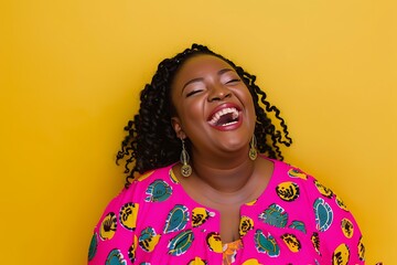 Portrait of an African-American woman with voluptuous curly long hair wearing vibrant pink attire, laughing joyfully with her head held high. Background is bright yellow.