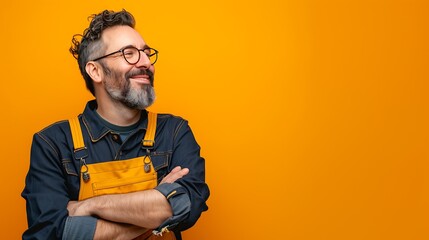 
A middle-aged man with a beard, wearing glasses, a blue denim shirt, and yellow overalls, stands with his arms crossed, smiling confidently, looking sideways. The background is bright yellow. - Powered by Adobe