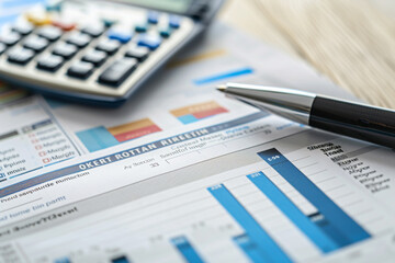 Macro shot of a mortgage application form with a pen, calculator, and financial charts
