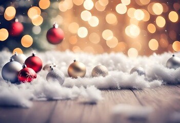 christmas background with baubles and snow - obrazy, fototapety, plakaty