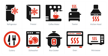 A set of 10 home appliances icons as refrigerator, freezer, coffee maker