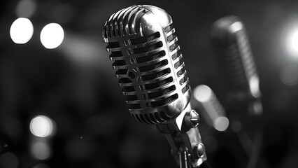 Vintage Microphones on Stage: Evoking Classic Concert Vibes. Concept Music Performance, Retro Aesthetics, Live Show Atmosphere, Classic Rock Vibes - obrazy, fototapety, plakaty