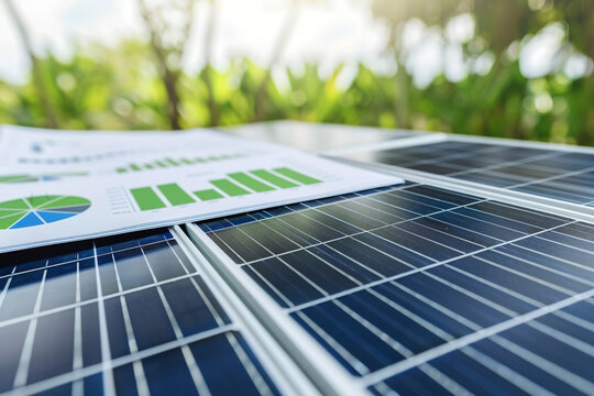 Macro shot of a solar panel surface with financial reports on green investments beside it