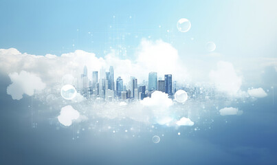 Futuristic City Skyline Above the Clouds - obrazy, fototapety, plakaty
