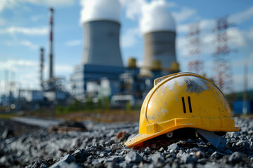 Worn Safety Helmet at Industrial Power Plant Site - obrazy, fototapety, plakaty