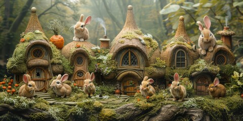 Fototapeta premium Bucolic bunny village of thatched carrot cottages and families of bunnies in meadows