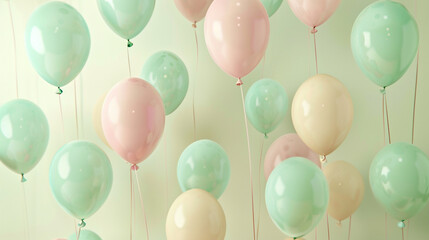 Drifting pastel balloons against white create a peaceful, celebratory atmosphere.