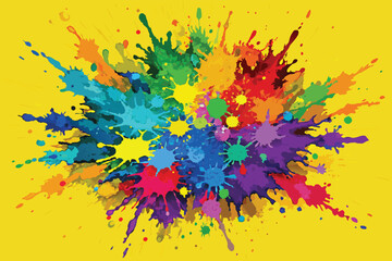 Colorful rainbow holi paint color powder explosion vector, isolated wide yellow panorama background