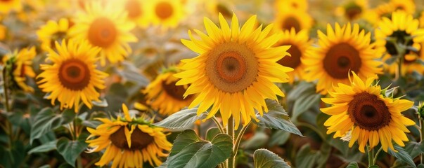 Obraz premium A stunning, golden hour image of a thriving sunflower field with a sunset backdrop. banner