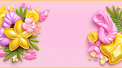 A pink background with a yellow flower and pink flowers on it