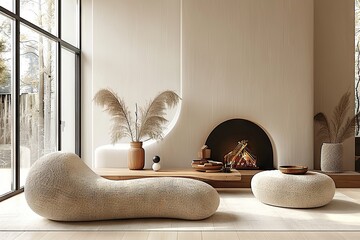 Harmony in Design A Modern Living Room Embracing Japandi Interior Design with a Minimalist Approach, Featuring a Curved Sofa.