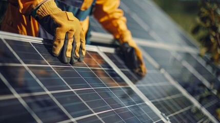 Worker in close up carrying solar panel for installation under clear skies on a sunny day