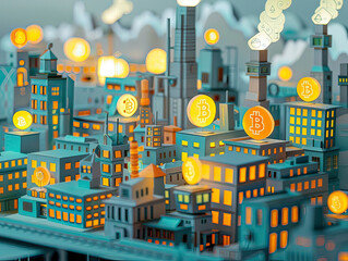 A visually engaging 3D illustration of bitcoins integrated into a stylized cityscape represents the digital currency's impact on urban economics.