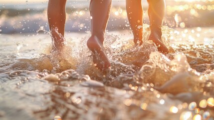 Children s bare feet splashing in shallow sea under bright sun with strong water splashes - obrazy, fototapety, plakaty