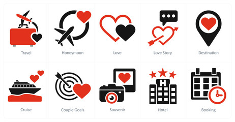 A set of 10 honeymoon icons as travel, honeymoon, love, love story