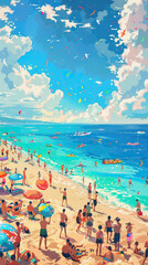 A bright anime illustration depicting a busy summer beach day, full of people enjoying the sun, sea, and sand.