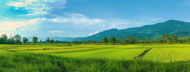 Idyllic Landscape of Green Rice Paddy Fields