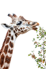 A giraffe reaching for leaves, isolated on a white background