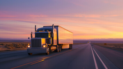 Semi Truck Driving on Highway during Sunset
