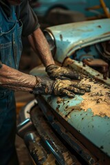 A mechanic works on a vintage car, hands greasy, focused on restoration