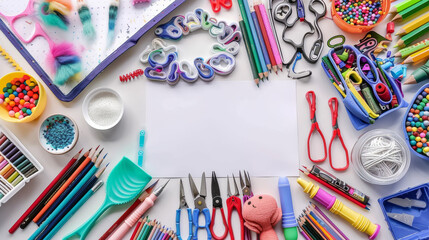A table with many art supplies and a blank piece of paper. The supplies include scissors, pencils, markers, and crayons