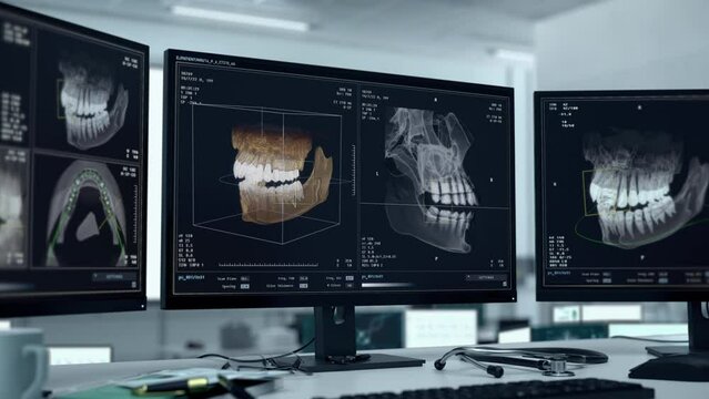 Dental clinic analysis of the injured patients jaw. Analysis of the multiple scan images at the dental clinic. Dental clinic analysis of the mouth cavity from four angles. Examination technology.
