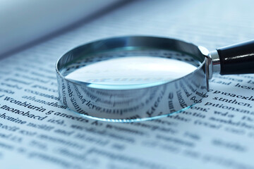 magnifying glass focusing on the fine print of a business contract - obrazy, fototapety, plakaty