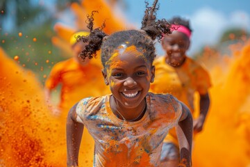 A colorful explosion as runners are showered with Holi powder during a vibrant cultural-themed run