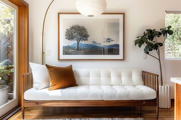 Elegant Mid-Century Modern Living Room Interior with Stylish White Sofa, Artistic Wall Art, and Natural Greenery Illuminated by Natural Light