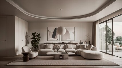 A living room with a couch a round mirror and a round mirror luxury interior design