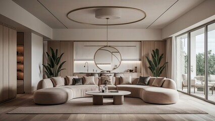 A living room with a couch a round mirror and a round mirror luxury interior design