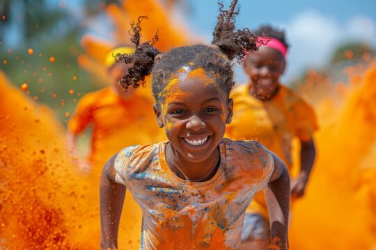 A colorful explosion as runners are showered with Holi powder during a vibrant cultural-themed run