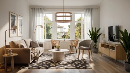 Living room with a large window a couch with pillows and a coffee table, luxury interior design, 3D Render, High Quality Photography