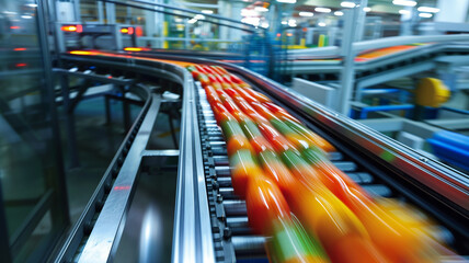 A conveyor belt with products moving at high speed, showcasing efficient production - obrazy, fototapety, plakaty