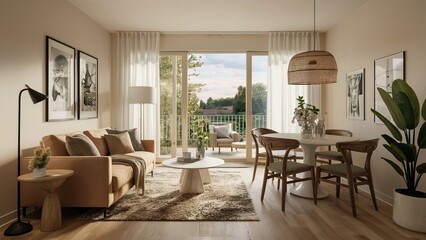 Living room with a large window a couch with pillows and a coffee table, luxury interior design, 3D Render, High Quality Photography