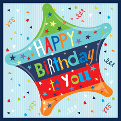 Birthday card design with colorful lettering and stars