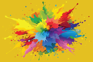 Colorful rainbow holi paint color powder explosion vector, isolated wide yellow panorama background