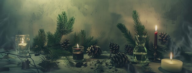 Rustic Holiday Candlelight and Pine Cones Atmosphere - obrazy, fototapety, plakaty