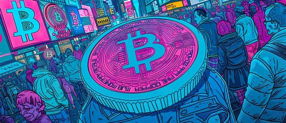 Obraz premium Bitcoin, mobile phone app, innovative, emerging economies, on a crowded street, decentralized finance, photography, backlighting, lens flare, Frontal view