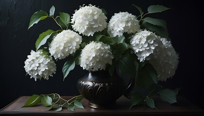 Obraz na płótnie Canvas Dark vintage oil painting, white hydrangea flower in a vase on the table, still